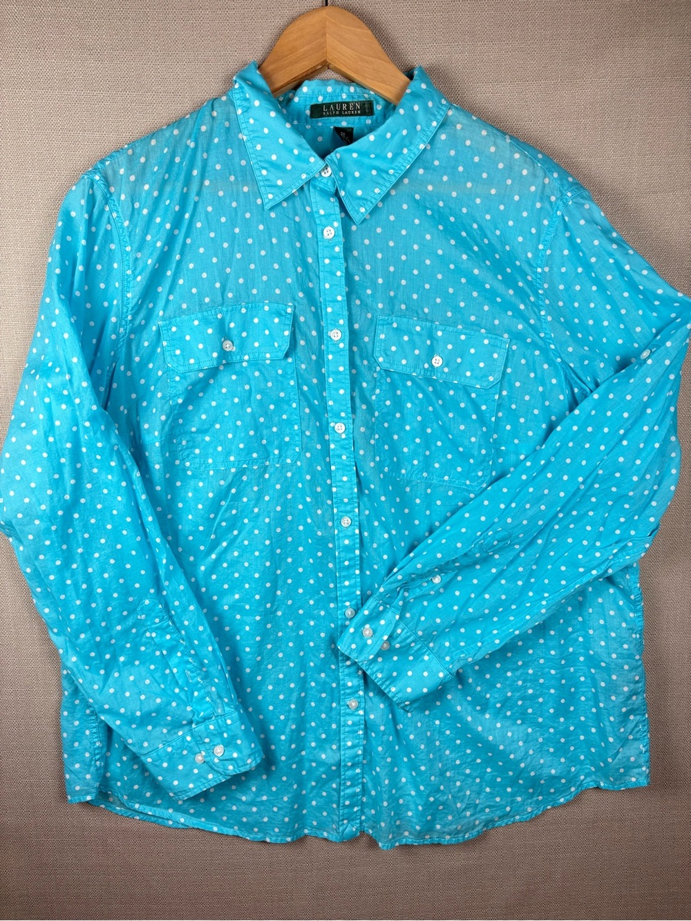 Lauren Ralph Lauren Womens 2X Button Down Shirt Polka Dot Long Sleeve Cotton